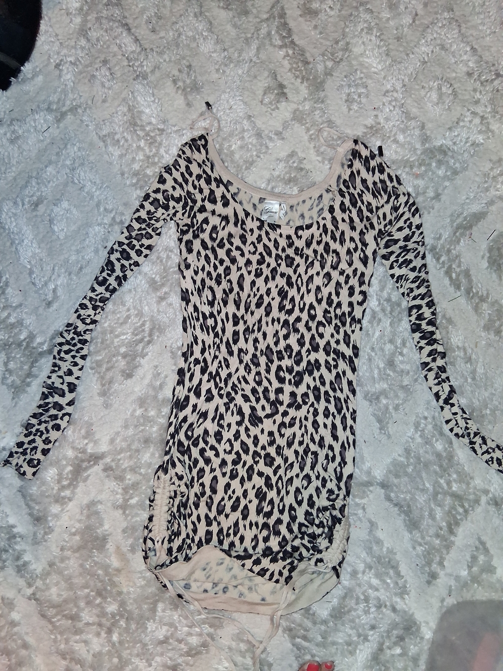 Guess Leopard Print Long Sleeve Mini Dress in Cream and Black